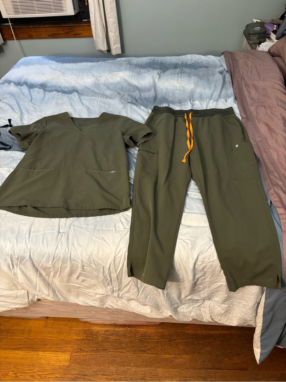 Figs Olive Straight-Leg Scrub Pants with Orange Drawstring
